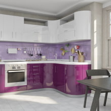 Violetti keittiö: väriyhdistelmät, verhojen, viimeistelyjen, tapettien, huonekalujen, valaistuksen ja sisustuksen valinta-5