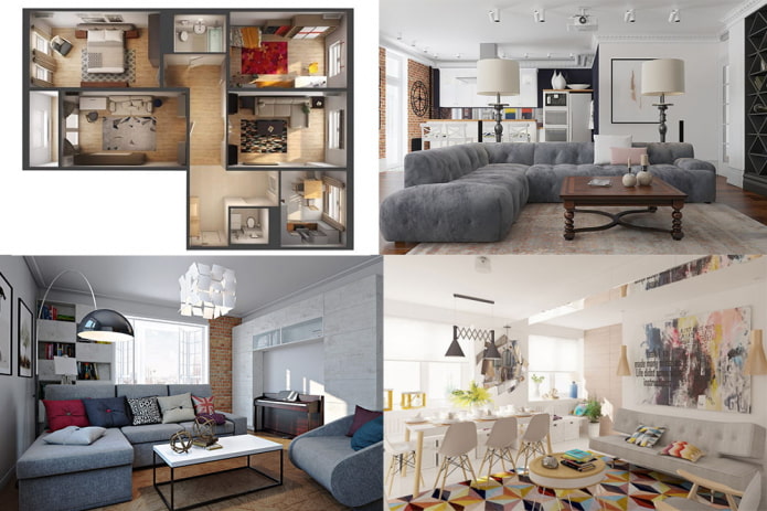 تصميم شقة من أربع غرف: تخطيطات ، 3 مشاريع ، صور
