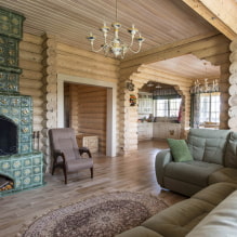 Bahagian dalaman rumah log: gambar di bilik, gaya, hiasan, perabot, tekstil dan hiasan-0