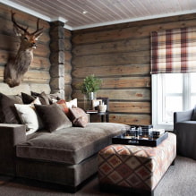 Bahagian dalaman rumah log: gambar di bilik, gaya, hiasan, perabot, tekstil dan hiasan-4