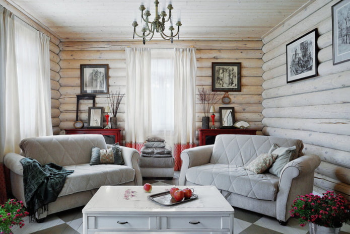 Tømmerhusinteriør: fotos i værelser, stilarter, finish, møbler, tekstiler og indretning