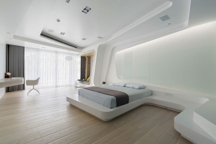 Hightech slaapkamer: ontwerpkenmerken, interieurfoto's
