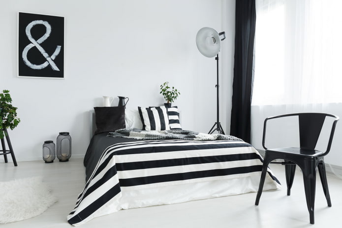 Siyah beyaz yatak odası: tasarım özellikleri, mobilya ve dekor seçimi