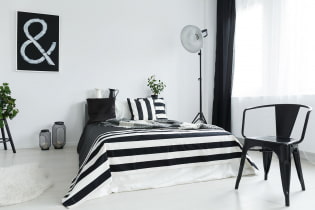 Mustavalkoinen makuuhuone: suunnitteluominaisuudet, huonekalujen ja sisustuksen valinta