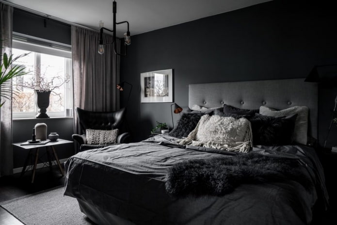 Siyah yatak odası: iç mekanda fotoğraf, tasarım özellikleri, kombinasyonlar