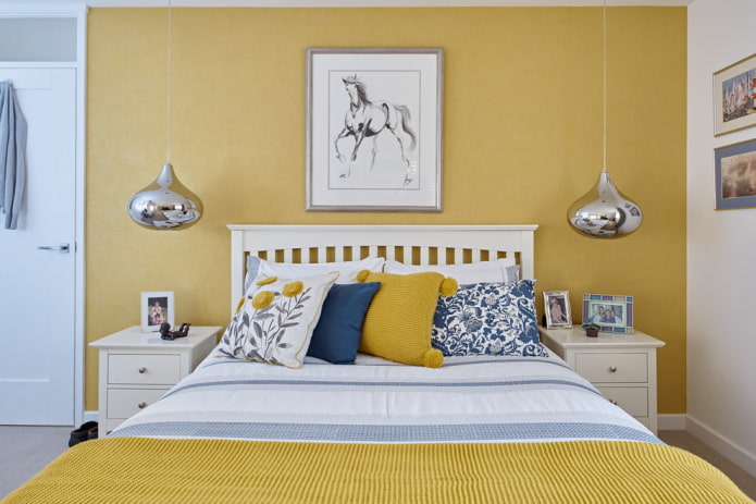 Žlutá ložnice: designové prvky, kombinace s jinými barvami