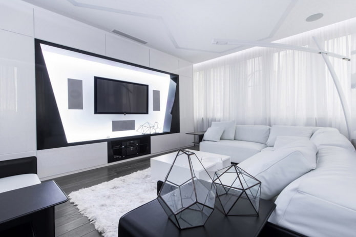 Sort og hvid stue: designfunktioner, reelle eksempler i interiøret
