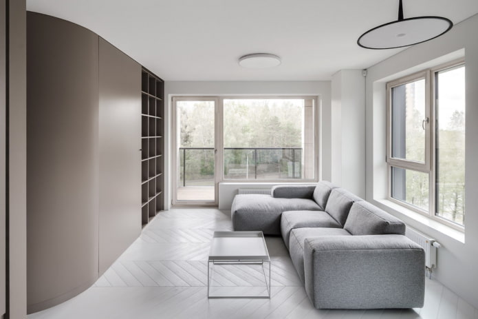 Ruang tamu dengan gaya minimalis: tip reka bentuk, foto di kawasan pedalaman