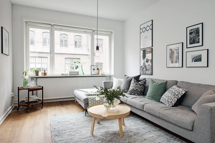 Stue i skandinavisk stil: funktioner, rigtige fotos i interiøret