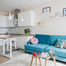 Cuina-sala d'estar a l'estil escandinau: fotos i regles de disseny-3