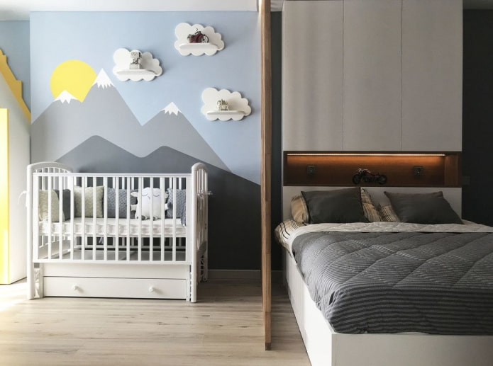 Idéer og tip til dekoration af et soveværelse og en børnehave i samme rum