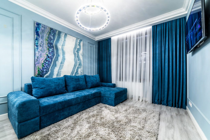 غرفة المعيشة بألوان زرقاء: صورة ، مراجعة لأفضل الحلول