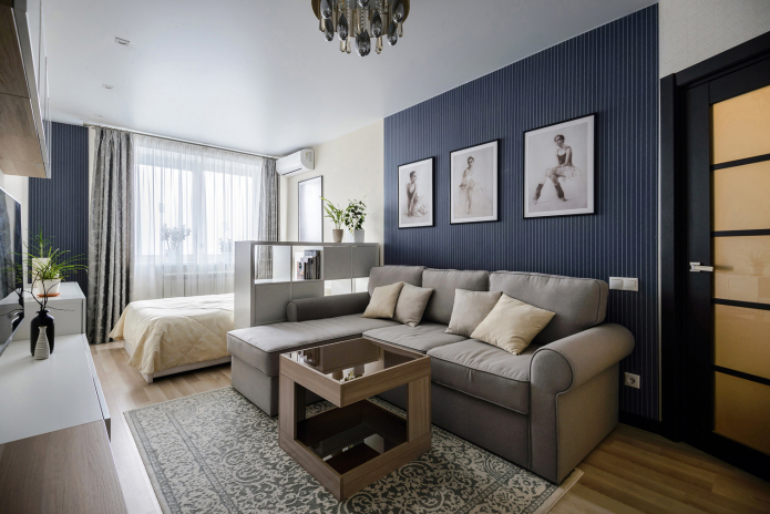 Soveværelse og stue i et rum: eksempler på zoneinddeling og design