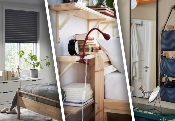Küçük bir yatak odası için IKEA'dan bir dizi fikir
