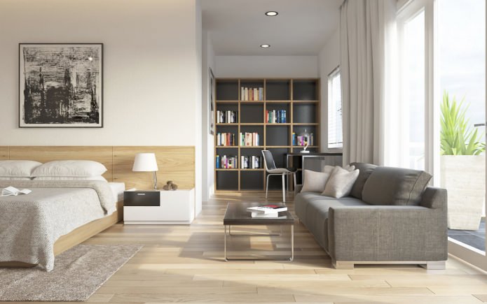Design af en stue, et soveværelse og et studie i et rum