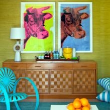Pop-art-tyyli sisätiloissa: muotoiluominaisuudet, viimeistelyvalinnat, huonekalut, maalaukset-2