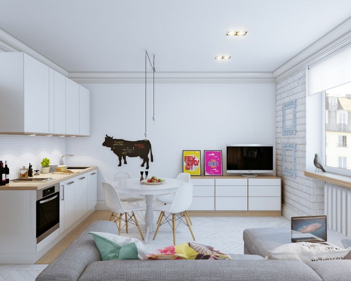 Škandinávsky interiérový dizajn malého štúdiového bytu o rozlohe 24 m². m.