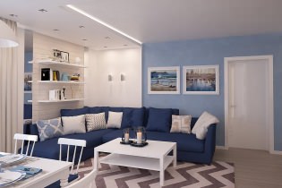 Mavi oturma odası iç: özellikler, fotoğraflar