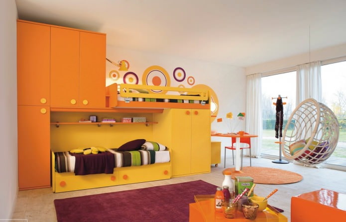 Oranžová barva v dětském pokoji: funkce, fotografie