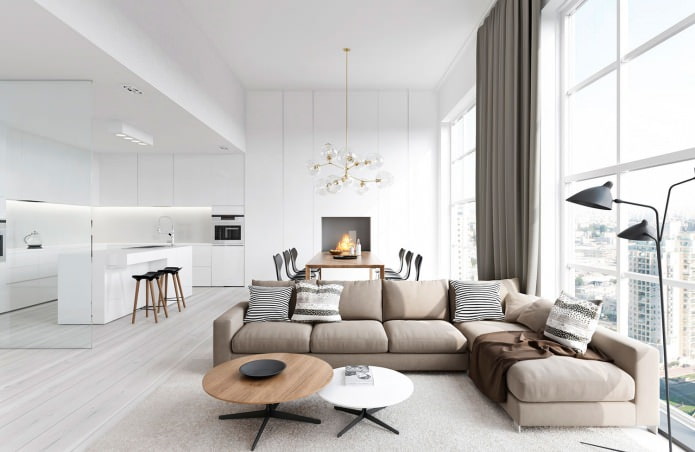 Kuchyňa-obývacia izba v bielej farbe: funkcie, fotografie